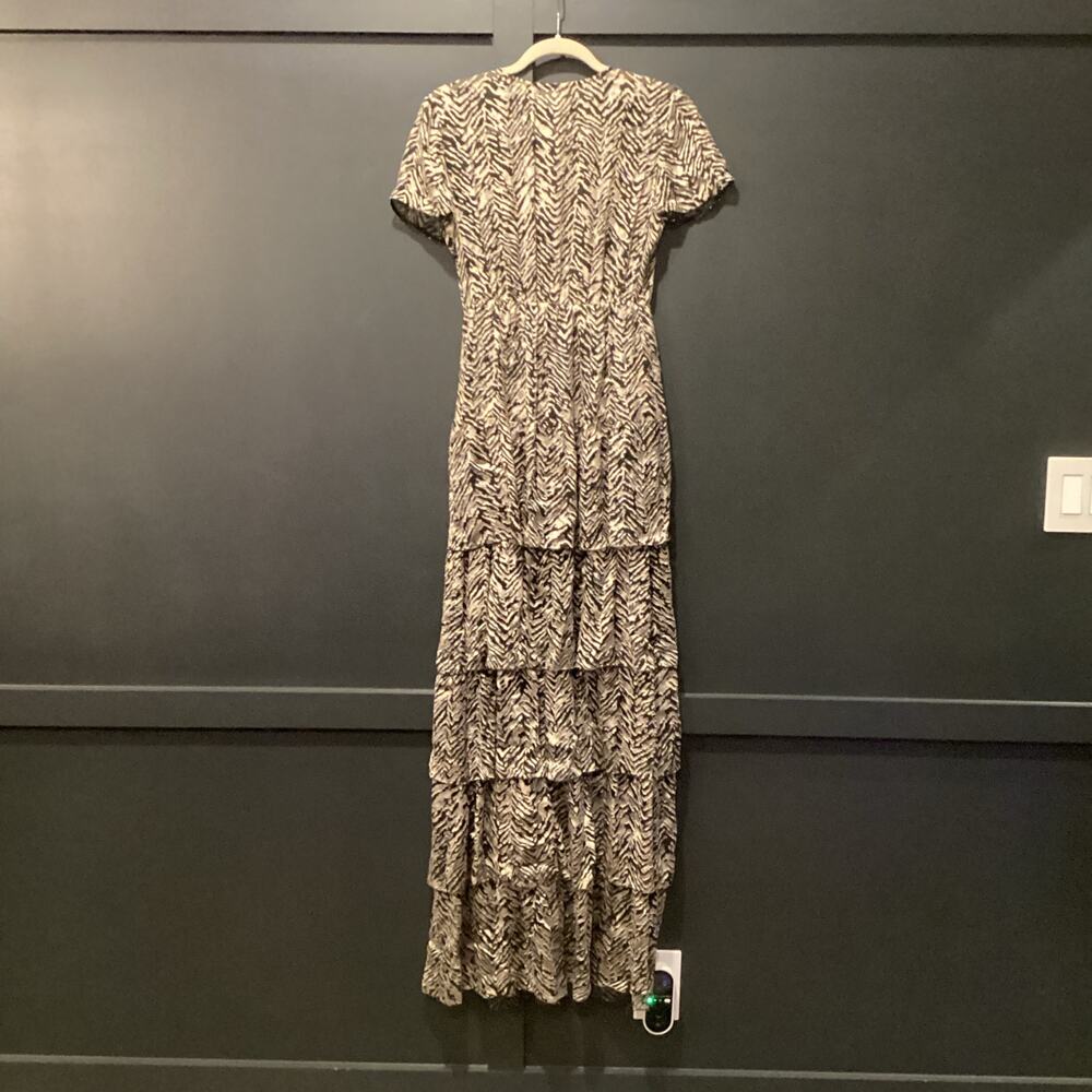 BA&SH Zelie Tiered Satin long Maxi Dress Animal Print Black White V neck 6 - Picture 5 of 9